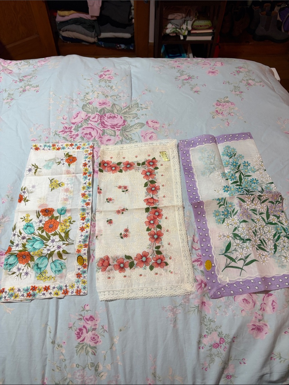Vintage Floral Cotton Vintage-Style Handkerchiefs - Pastel Blue, Pink & Lavender